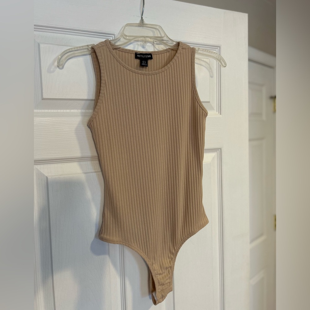 PrettyLittleThing Beige Ribbed Bodysuit